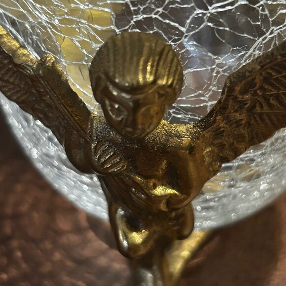 Vintage 3 Leg Brass Cherubs Cupid Pedestal Stand With Crackle Glass Bowl - Picture 7 of 16